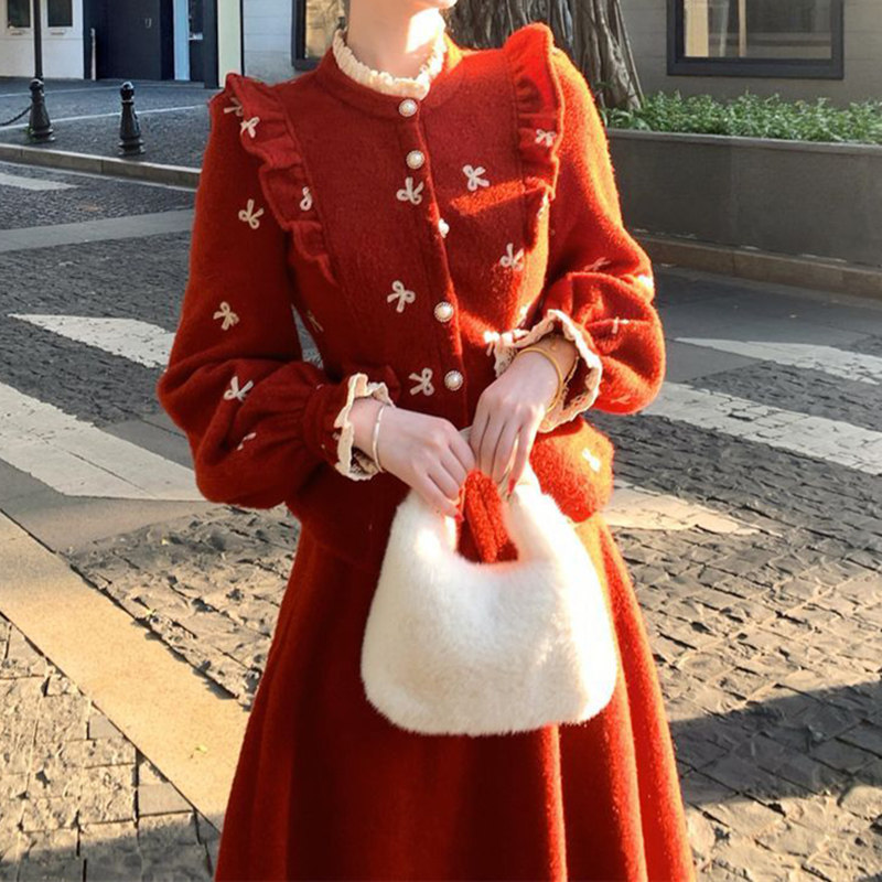 圣诞新年战袍套装女秋冬季木耳边收腰毛呢外套高腰半身裙子两件套,淘宝优惠券,粉丝福利购,淘宝优惠卷