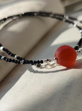 超细2mm刻面黑尖晶石项链天然磨砂红玛瑙老型珠925碎银子锁骨链