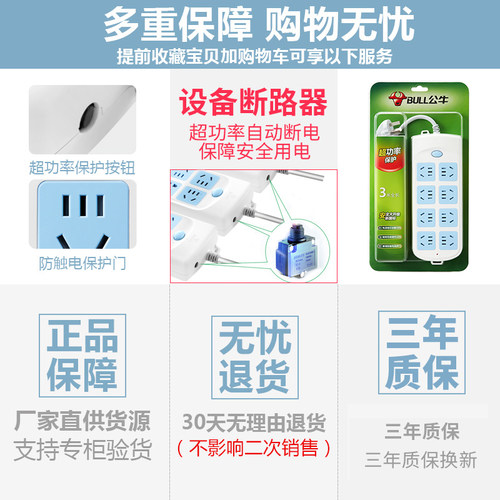 公牛插排插座面板多孔空位多功能家用带线长线5米10红牛正品插板 - 图1
