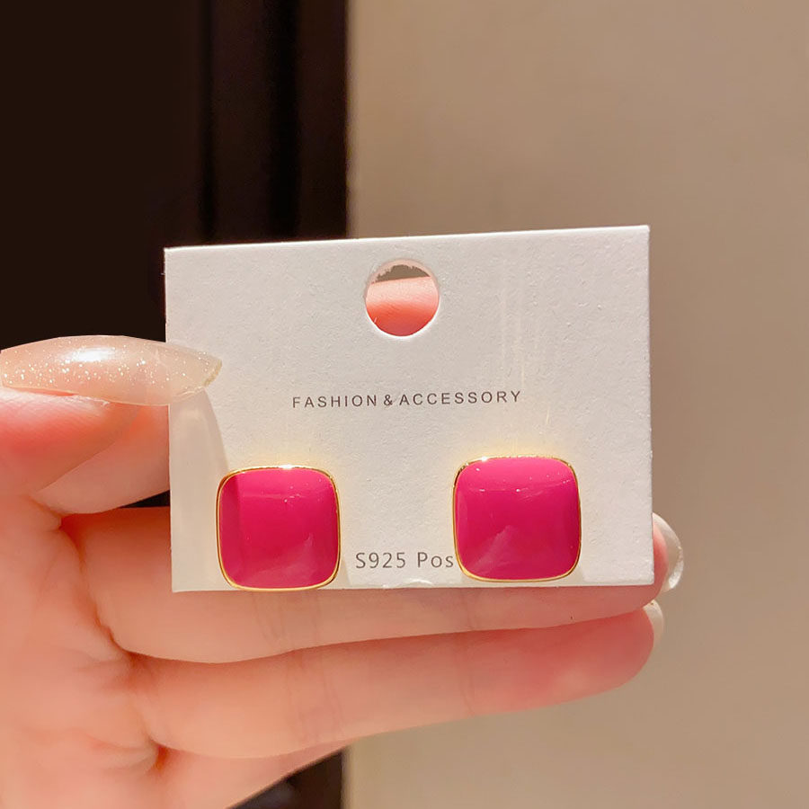 复古滴釉几何方形洋气玫红色耳钉女2025年新款潮耳环复古气质耳饰,淘宝优惠券,粉丝福利购,淘宝优惠卷