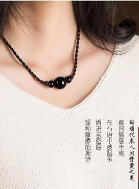 原创手工编织石头吊坠红玛瑙珠女项链简约学生锁骨链黑绳