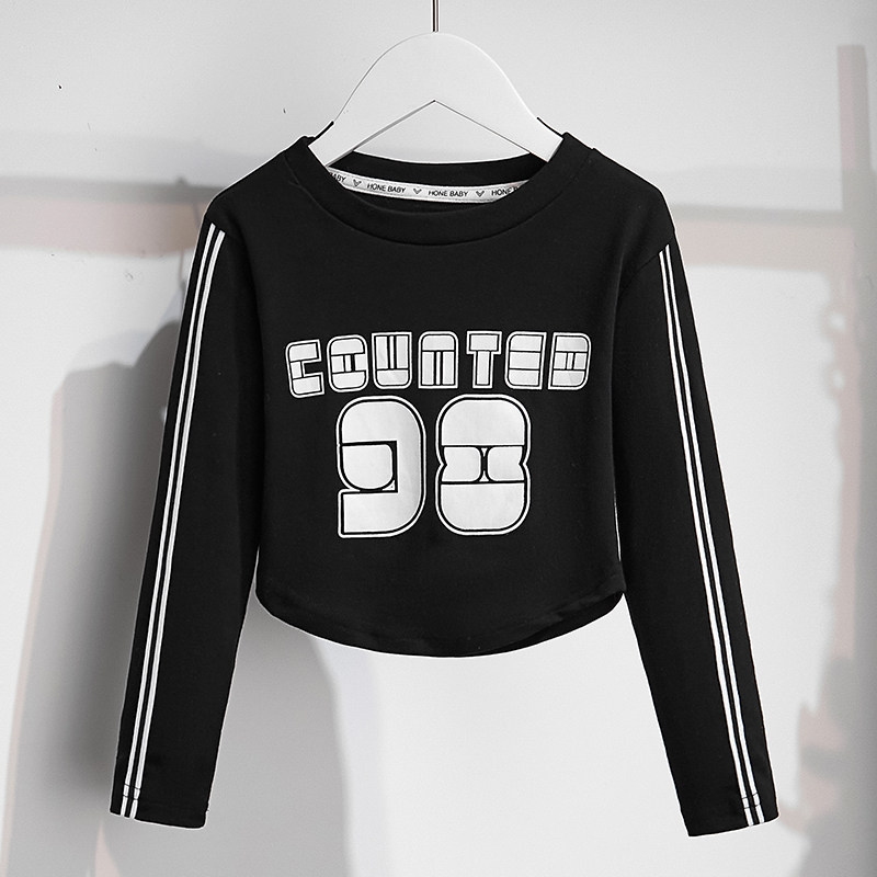 女童短款上衣春秋装紧身洋气时髦小衫黑白色儿童网红炸街长袖T恤,淘宝优惠券,粉丝福利购,淘宝优惠卷