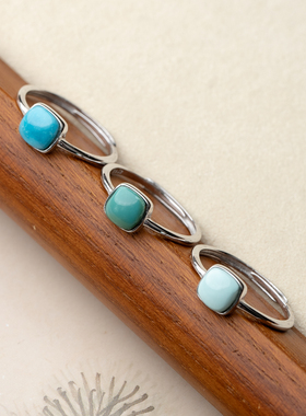 绿松石方型开口戒指银指环轻奢小众高级复古尾戒男女