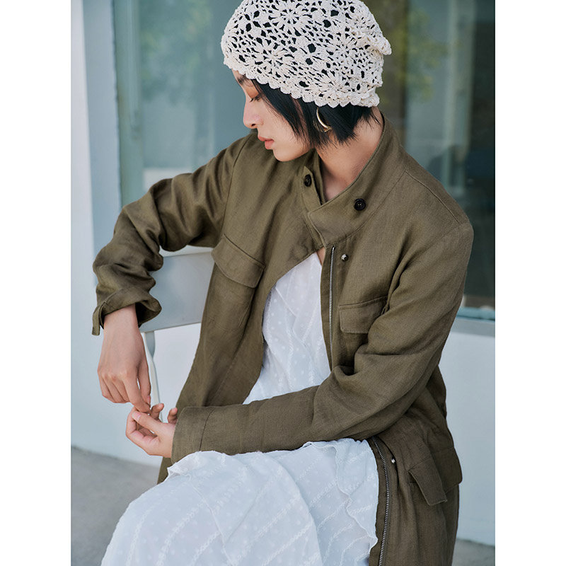 时尚可可棕100%亚麻短外套女MOFAN摩凡2026春新款立领休闲上衣,淘宝优惠券,粉丝福利购,淘宝优惠卷