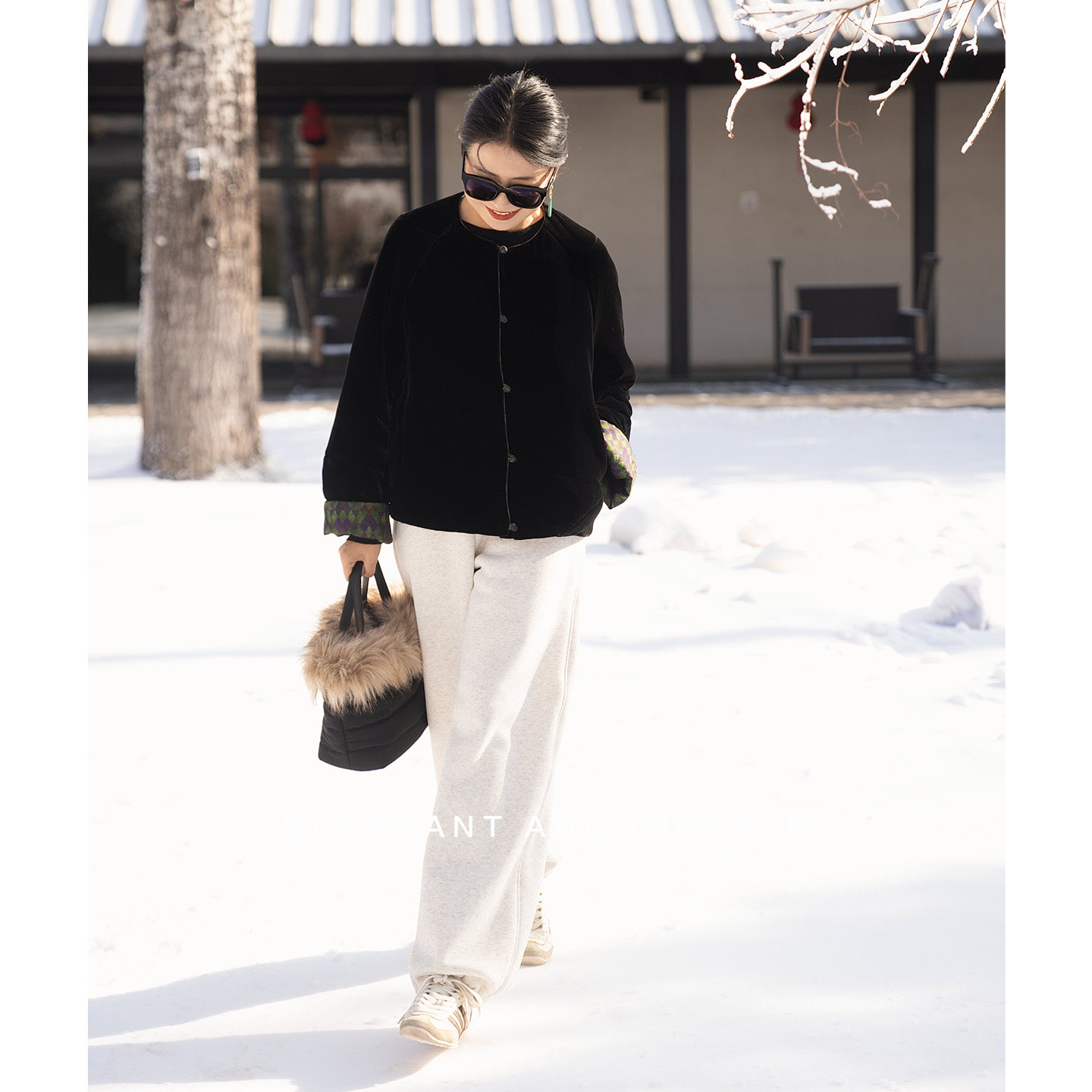 大象和长颈鹿 墨林花间 真丝丝绒两面穿新中式棉衣 温润 601125