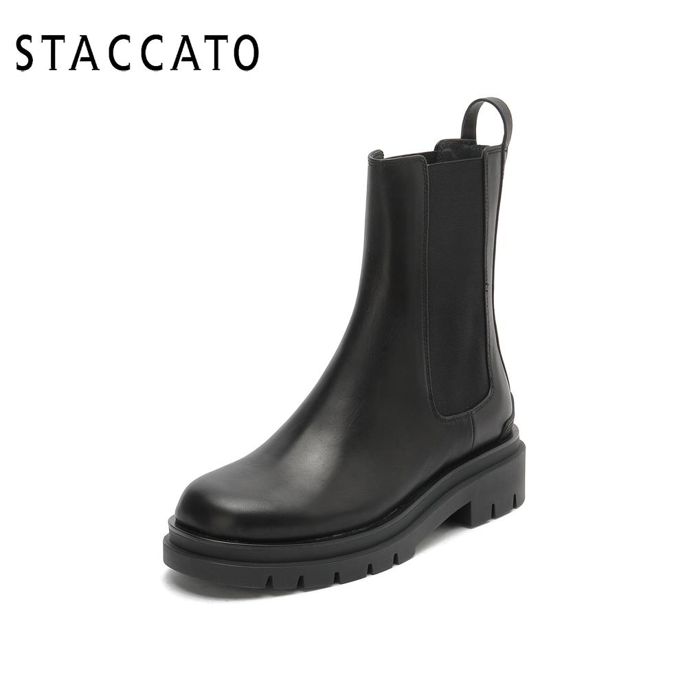 staccato旗舰店思加图冬季新款简约烟筒靴厚底复古切尔西靴女中靴子9YJ01DZ00