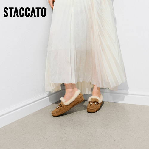 思加图冬季新款复古毛毛鞋豆豆鞋保暖加绒乐福鞋女鞋鞋子A9593DA5 - 图2