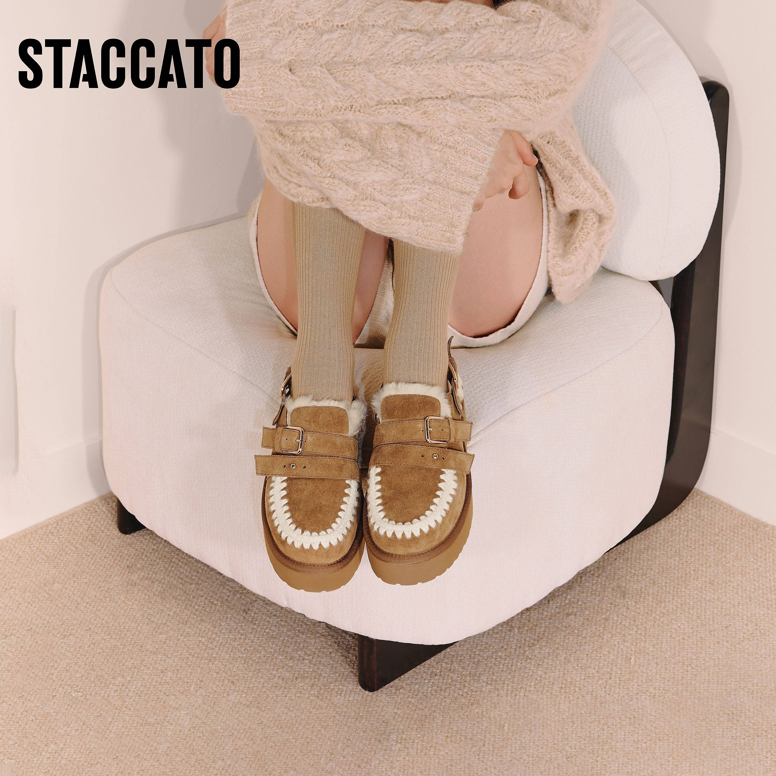 思加图冬季新款复古毛毛鞋增高加绒保暖半拖勃肯鞋女L6388DH5,淘宝优惠券,粉丝福利购,淘宝优惠卷