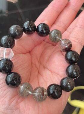 2025天然黑曜石14mm大颗粒珠子手链幽灵白水晶手串男朋友礼物正品