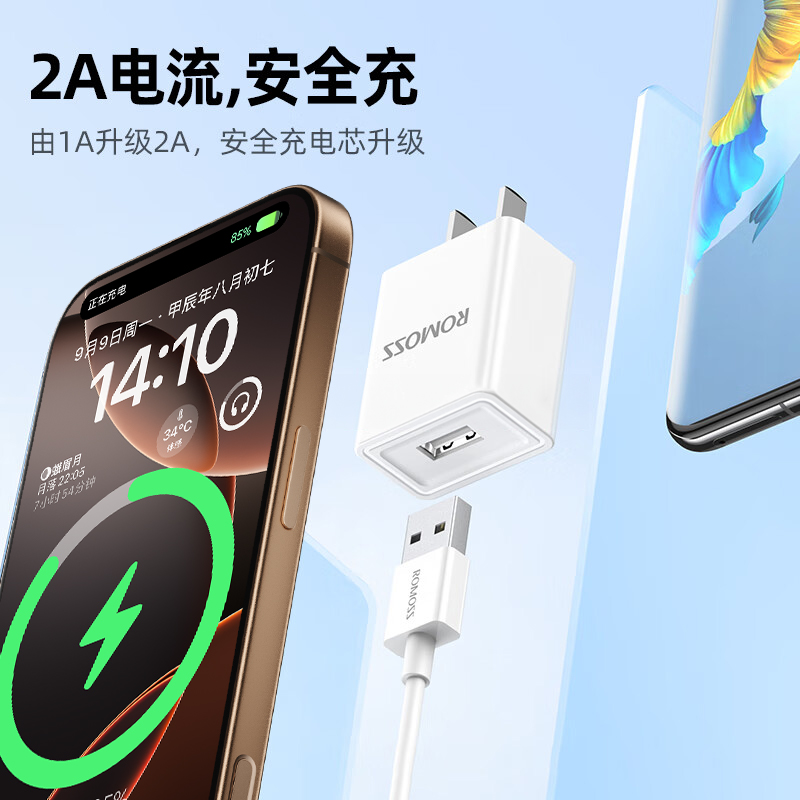 罗马仕5v2A充电器USB口10.5W适用苹果华为小米vivo安卓手机iPhone充电快充数据线套装20W闪充双口充电头插头