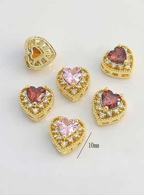 18K包金保色镶彩锆石镂空爱心隔珠心形吊坠diy串珍珠项链手链配件