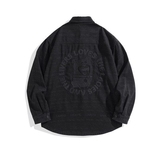 太平鸟男装 潮流休闲黑色长袖衬衫夏季黑色牛仔外套潮流