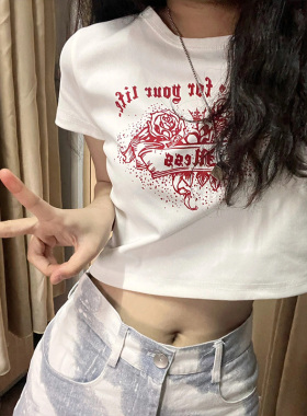 上衣短袖T恤潮甜辣风印花短款夏