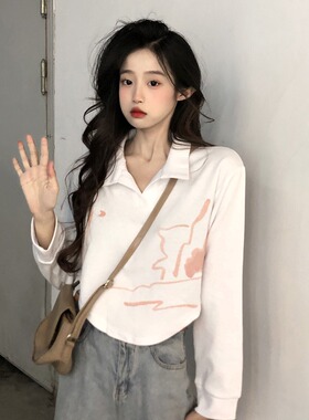 设计感短款印花长袖T恤上衣