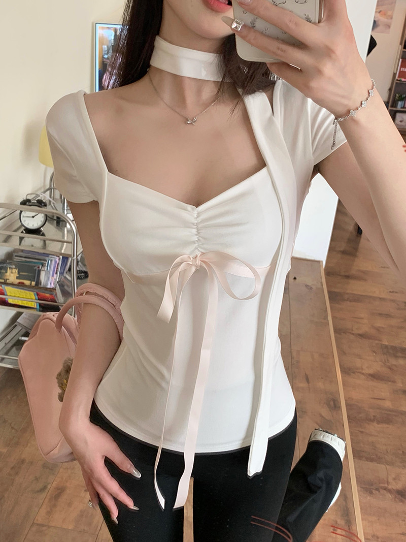 辣妹方领正肩短袖T恤女夏季纯欲蝴蝶结绑带独特别致修身短款上衣,淘宝优惠券,粉丝福利购,淘宝优惠卷