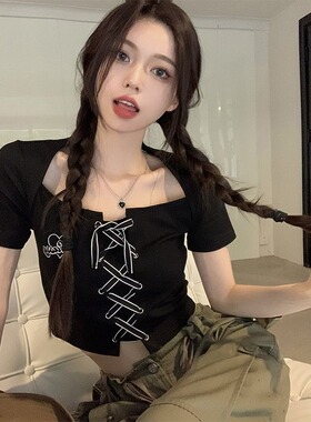短袖T恤上衣方领黑色短款露脐女