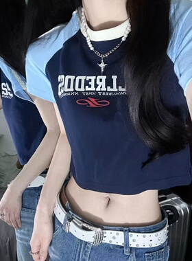 美式复古撞色插肩短袖t恤女夏季甜辣正肩修身卡腰短款露脐上衣潮
