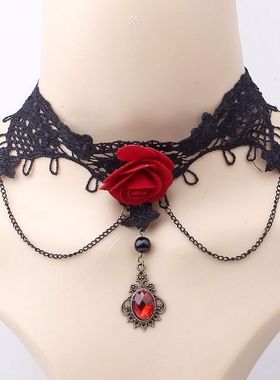 万圣节复古穿搭配饰红玫瑰仿宝石蕾丝项链手链耳环套装新娘饰品