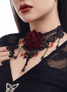 洛丽塔公主玫瑰花蕾丝水晶流苏项链女 纯欲复古流苏choker贴颈链