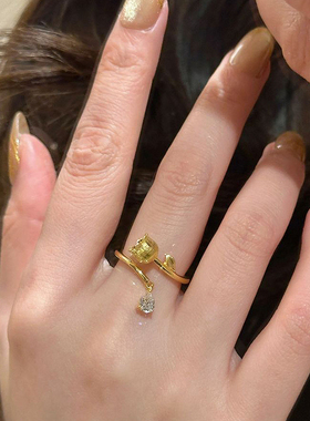 古法沙金拉丝铃兰花戒指流苏水滴钻开口指环女精致复古开口食指戒