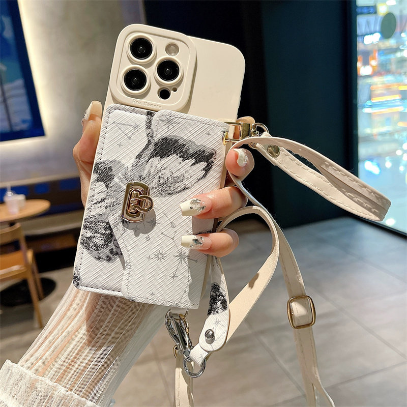 蝴蝶刺绣零钱卡包适用苹果15promax手机壳iPhone 14新款13pro轻奢12文艺11pm背带斜挎786plus挂绳XR软胶max女