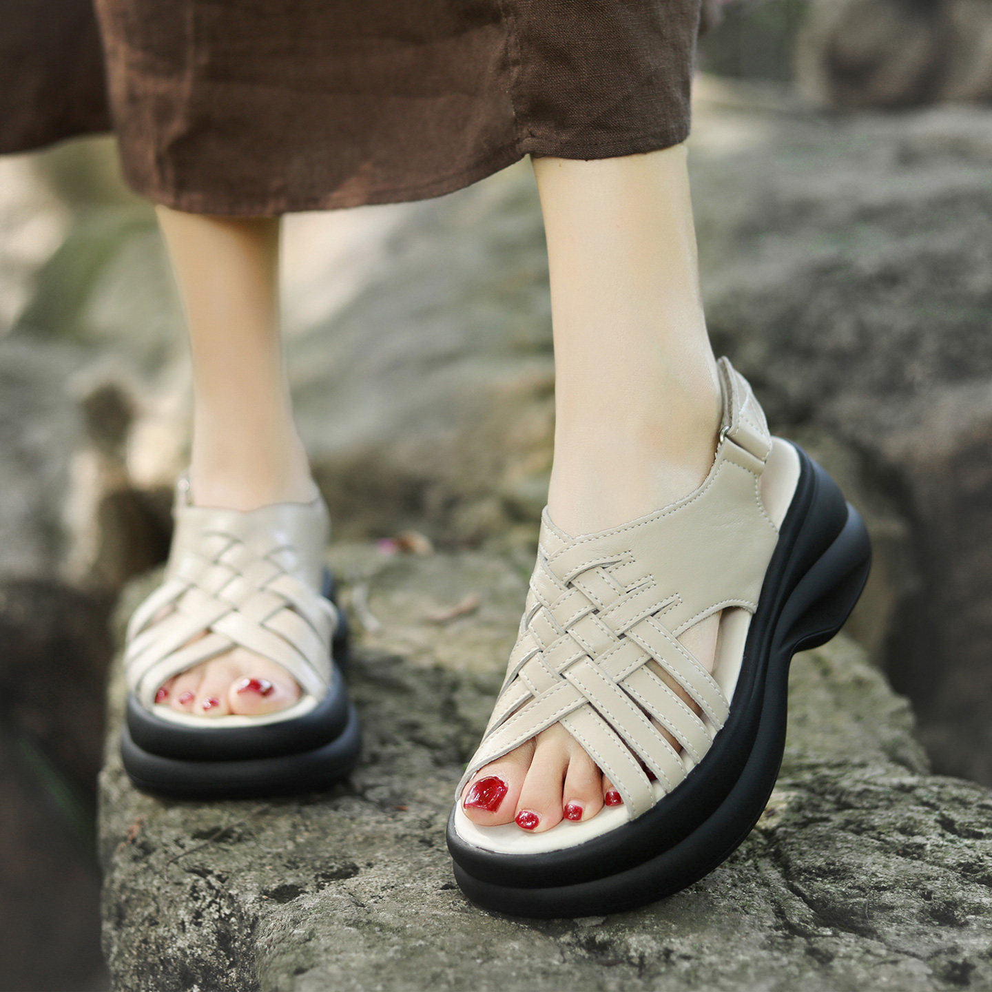 头层牛皮编织凉鞋女厚底坡跟增高露趾鱼嘴鞋真皮复古休闲罗马凉鞋,淘宝优惠券,粉丝福利购,淘宝优惠卷