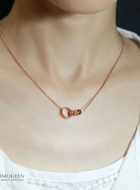 双环项链女短款锁骨 细颈链钛钢玫瑰金吊坠时尚彩金520情人节礼物