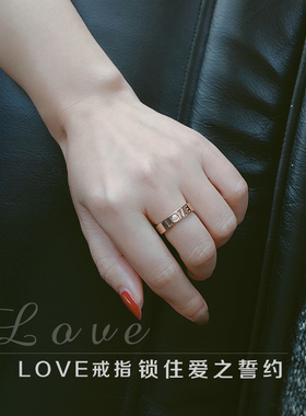 18k玫瑰金镶钻钛钢love戒指情侣