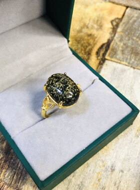 天然墨西哥绿珀12X16MM 戒指宫廷复古款琥珀手饰活口可调节指环