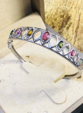 天然正品巴西碧玺手镯手环女925纯银马眼宝石时尚开口活动圈口