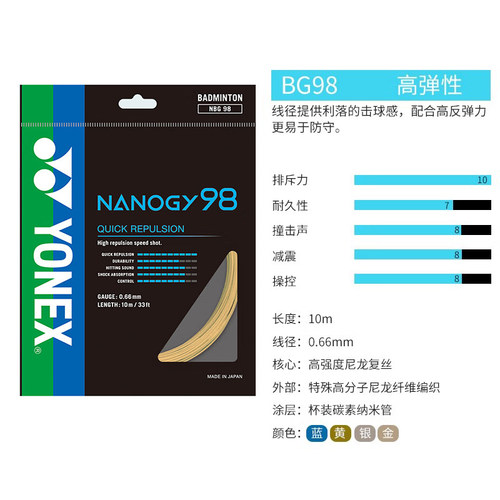 CH正品YONEX尤尼克斯NBG98羽毛球拍线高弹型单条YY - 图0