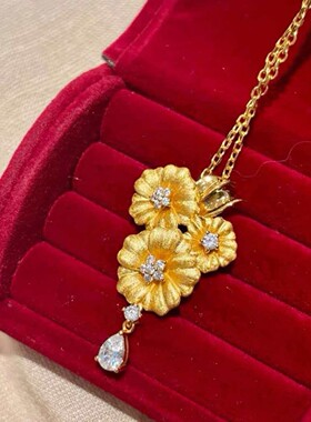 金店同款拉丝纹繁花锦簇项链耳钉