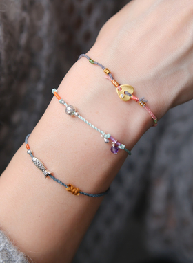 momo原创彩色新中式编绳叠戴手链925银配饰文艺小清新编织可调节