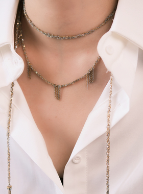 个性宫廷复古叠戴钢链条编织金银拼色流苏项链长短叠戴轻奢气质