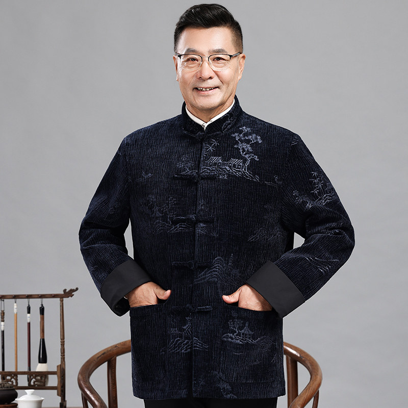 灯芯绒唐装男老人冬季加棉加厚外套中老年爸爸棉衣中国风爷爷套装,淘宝优惠券,粉丝福利购,淘宝优惠卷