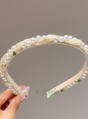 夏日甜美绿色波点珍珠麻花细款发箍女时尚简约外出百搭发卡发饰