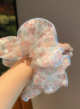 甜美蓝色小碎花扎染发圈女高级感森系扎头发头饰大肠圈皮筋发饰