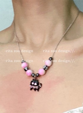 亚文化ins风~哥特复古粉黑猫项链撞色y2k甜酷辣妹锁骨链颈链配饰