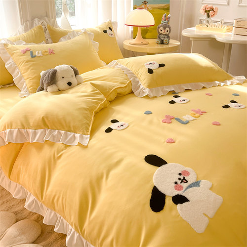 纯棉水洗棉毛巾绣四件套全棉三件套被套床单被罩枕套公主风床品 - 图1