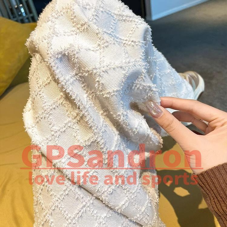 GP Sandron菱形格纹牛仔裤女秋季高级感白色提花编织直筒阔腿裤子