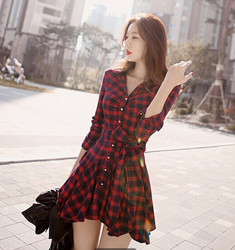 Summer Dress 2016 Retro Women Red Plaid Shirt Casual Dresses - 图1