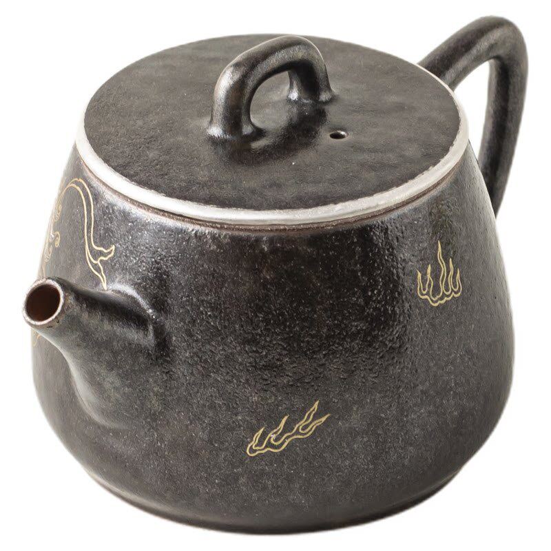 Kung Fu tea set gold and silver mixed with black lion dance ball