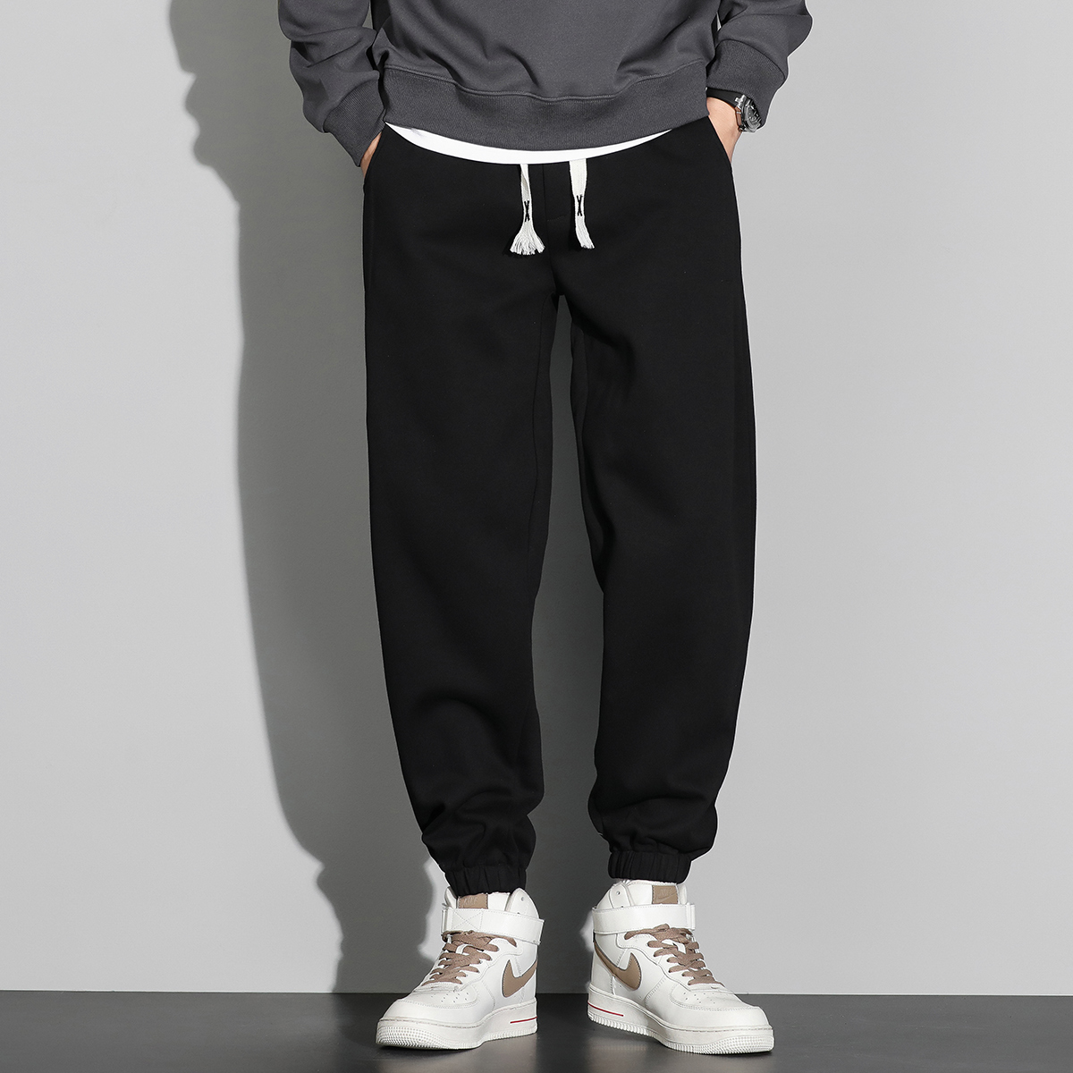 宸轩秋冬高个子大码男装卫裤加长宽松束脚胖子加肥加大黑色运动裤