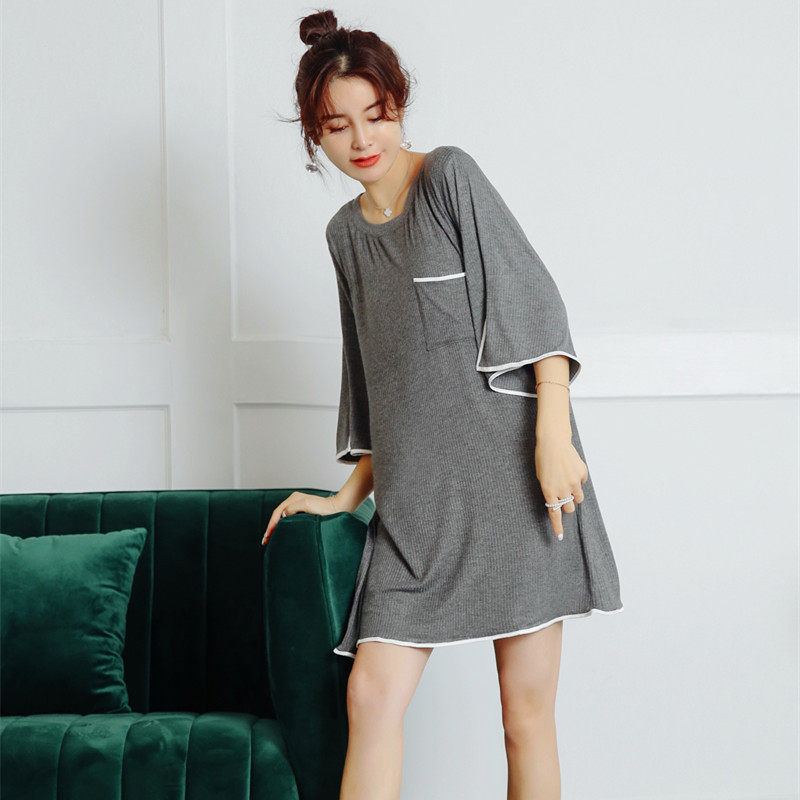 2018春秋季新款舒适睡眠宽松冰丝坑条半袖开衩口袋睡裙家居服圆领,淘宝优惠券,粉丝福利购,淘宝优惠卷