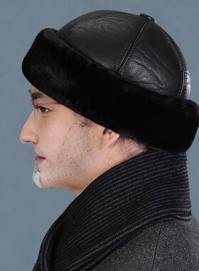 pu皮质老头帽子冬季瓜皮帽防雪帽复古老年人加绒加厚保暖地主帽男