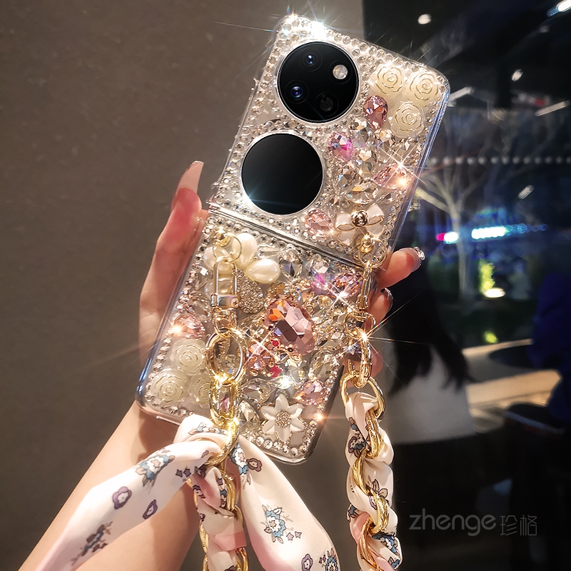丝巾挂链手机挂绳水钻宝石手机壳女款适用华为P50PocketS折叠屏手机真机开模P60Pocket2代手机保护套全包防摔 - 图0