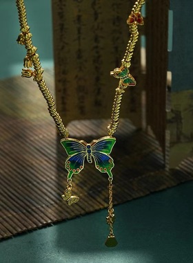 【热销爆款】高温烧蓝蝴蝶恋花黄金色项链链手链珐琅工艺