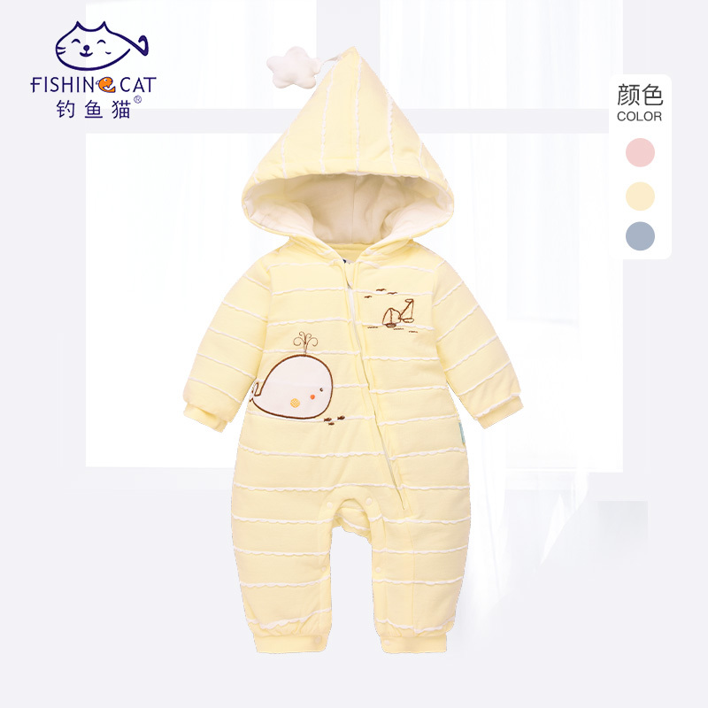婴儿连体衣冬3-6个月春款保暖薄棉加棉宝宝连体衣外出服哈衣连帽