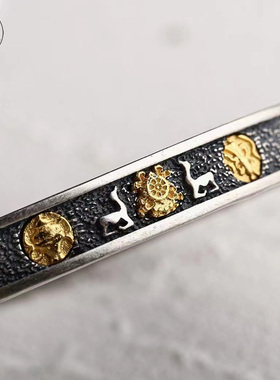 925银镀金八吉祥手镯錾刻藏八宝吉祥图双鹿纹饰饰品配件