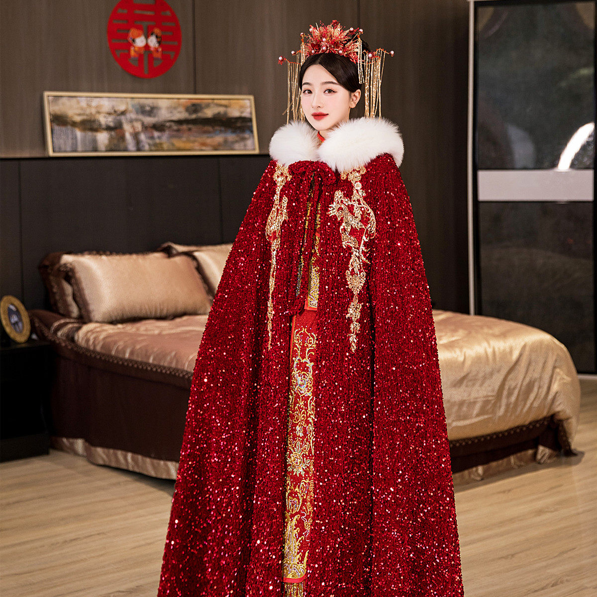 新娘秀禾亮片结婚加绒秋冬季披风 艳莲围巾/丝巾/披肩